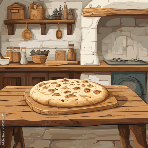 una focaccia su tavolo di legno in una cucina rustica e tavolo sullo sfondo  , vector style simple color