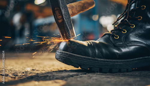 Sharp hammer striking safety boot toe with bright sparks demonstrating impact protection