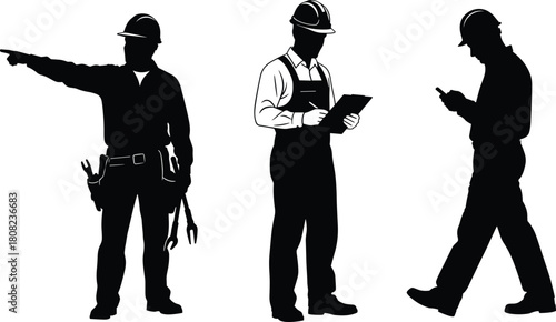Construction worker silhouette set, builder pointing, foreman with clipboard, engineer using phone, industrial men in hard hats, isolated vector collection, labor concept.