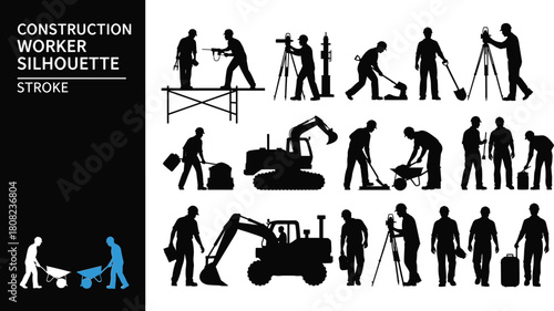 Construction worker silhouette set, collection of builders and engineers with tools, excavator and equipment, isolated vector icons for industrial labor and building projects.