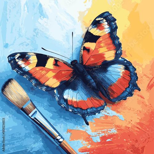 butterfly rests on brush, palette colors and canvas backdrop create dreamy scene of creative pause and natural inspiration , vector style simple color