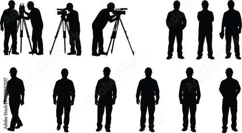 Construction worker silhouette set, engineers surveying with tripods, industrial men in hard hats, standing and walking laborers, isolated vector icons, building team.