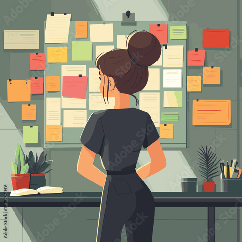 In the office, amidst a flurry of tasks, a girl pauses to gaze at a colorful sticky note on the board, carefully selecting her current task with purpose and determination