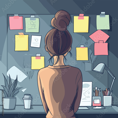 In the office, amidst a flurry of tasks, a girl pauses to gaze at a colorful sticky note on the board, carefully selecting her current task with purpose and determination