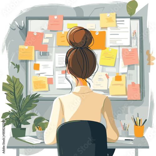In the office, amidst a flurry of tasks, a girl pauses to gaze at a colorful sticky note on the board, carefully selecting her current task with purpose and determination