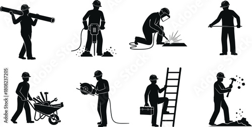 Construction worker silhouette set, featuring builders in hard hats using a jackhammer, welding, saw, ladder, and wheelbarrow, isolated vector icon collection.