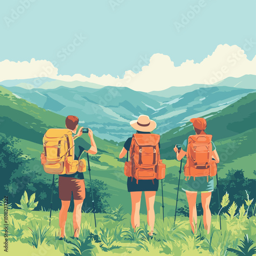 Mature travelers with backpacks pausing to take photos of a picturesque valley under a clear blue sky on their journey  , vector style simple color