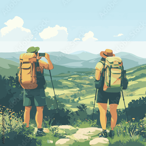 Mature travelers with backpacks pausing to take photos of a picturesque valley under a clear blue sky on their journey  , vector style simple color
