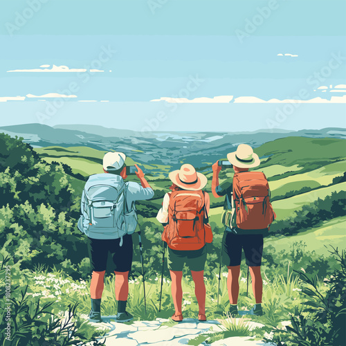 Mature travelers with backpacks pausing to take photos of a picturesque valley under a clear blue sky on their journey  , vector style simple color