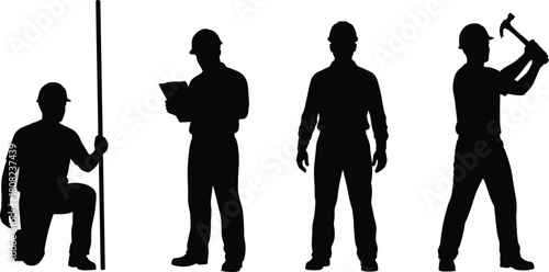 Construction worker silhouette set, industrial men in hard hats, builder with hammer, foreman checking clipboard, laborer kneeling, isolated vector icons, building team concept.