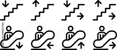 Stairs and escalator vector icons set direction