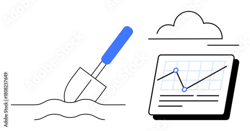 Shovel digging soil next to a graph on a tablet under a cloud. Ideal for progress tracking, data insights, groundwork, business growth, research, analytics, innovation. Minimal flat metaphor