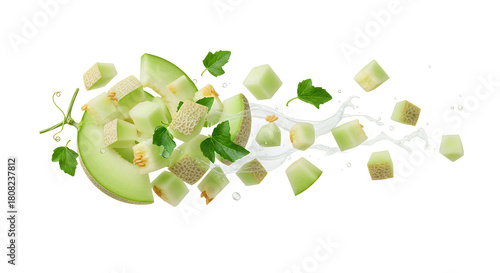 Freshly cut green melon cubes and elegant slices dynamically levitate with refreshing liquid splashes and vibrant mint leaves, creating an energetic and healthy fruit display