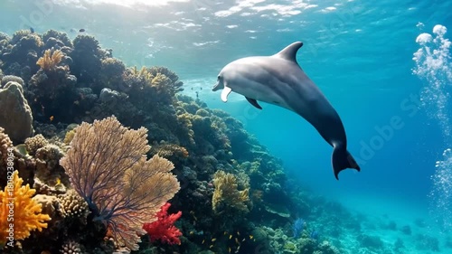 A playful dolphin gracefully swims near a vibrant coral reef ecosystem displaying aquatic life