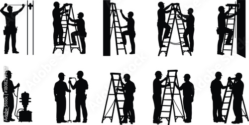Construction worker silhouette set, men in hard hats on ladders, team using tools, measuring and drilling, maintenance workers, isolated vector icons, repair job concept.