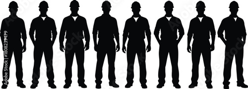 Construction worker silhouette set, row of industrial men in hard hats, team of builders, standing male laborers, isolated on white, front view vector.