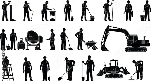 Construction worker silhouettes set, a large collection of builders and laborers with tools, excavator, bulldozer, and concrete mixer, isolated vector icons.