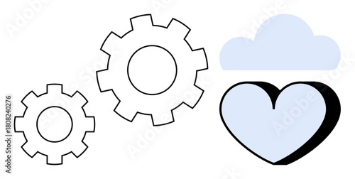 Two white gears, a soft blue heart, and a cloud symbolize unity of technology, emotions, and innovation. Ideal for teamwork, innovation, cloud computing, emotional intelligence collaboration
