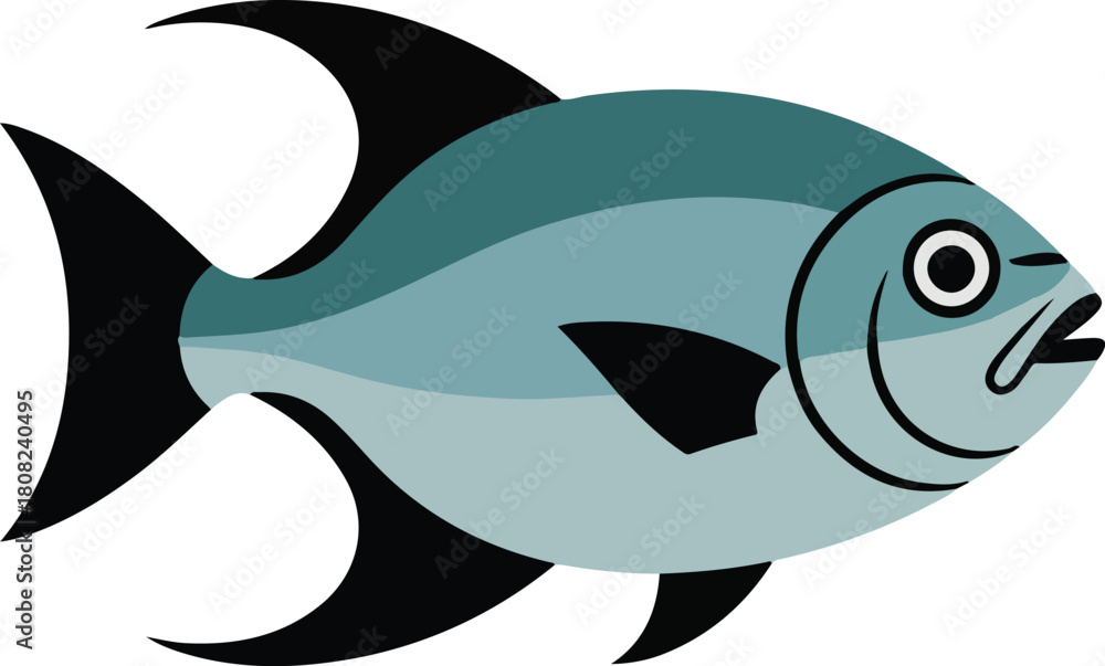 Fototapeta premium Blue and grey fish vector illustration with open mouth and black fins isolated on a transparent background for marine life concepts.