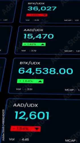 A dynamic vertical motion graphic of a digital trading screen showing various financial data points and metrics with engaging movement.