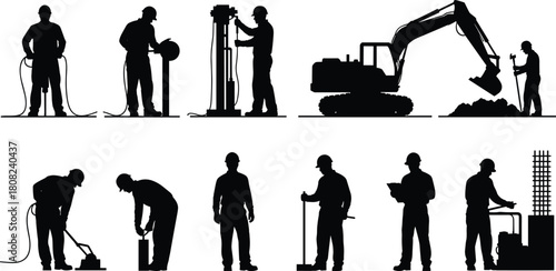 Construction worker silhouettes set, builders and laborers with heavy equipment, excavator, jackhammer, drill rig, rebar, isolated vector icon collection for building industry.