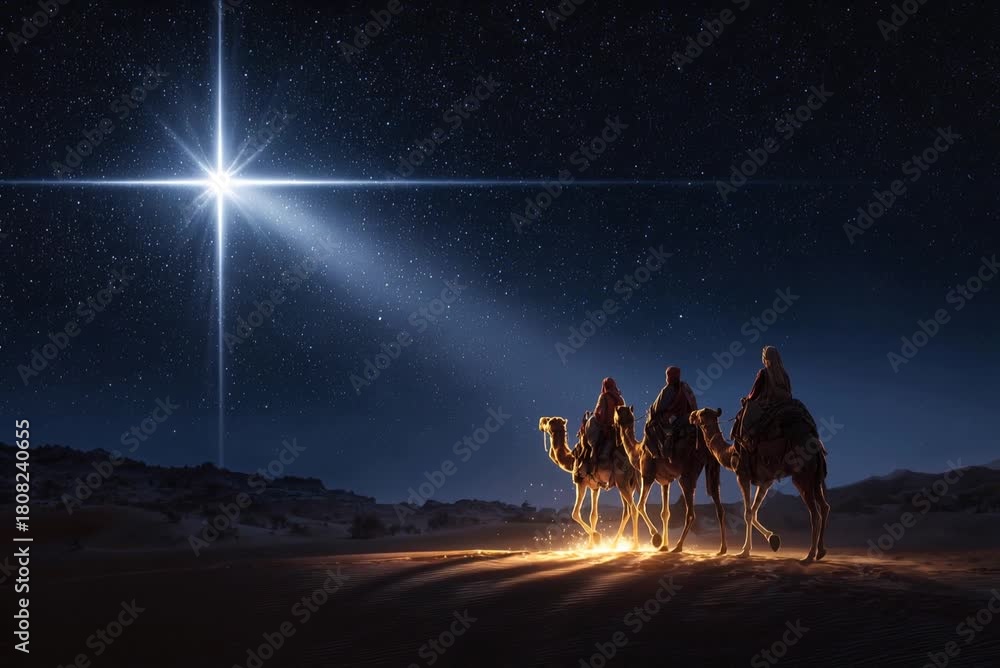 Three wise men riding camels through the desert at night, following the ...