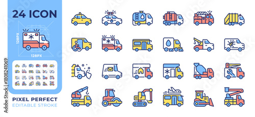 Service vehicles pixel perfect line color icons set. Emergency transport, public transit. Construction machinery. Vector illustrations. Simple flat colorful symbols collection. Editable stroke