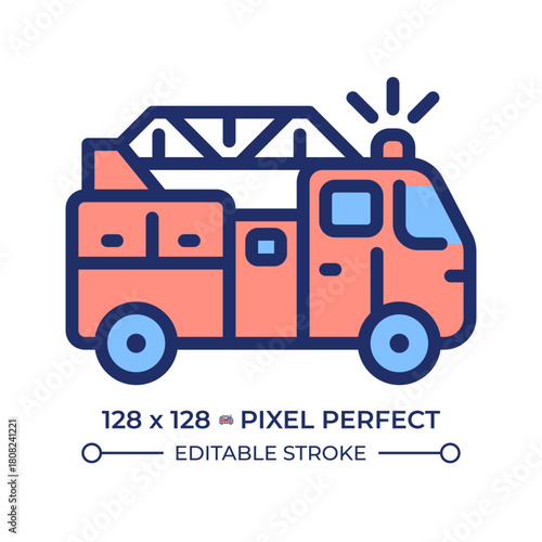 Fire truck pixel perfect line color icon. Emergency response, flame hazard. Fire department, public safety. Isolated vector illustration. Flat colorful symbol design. Editable stroke
