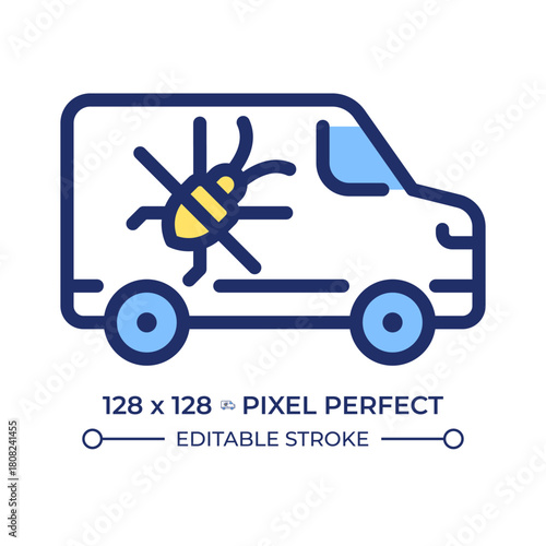 Pest control pixel perfect line color icon. Exterminator van, professional service. Utility truck. Bug prevention. Isolated vector illustration. Flat colorful symbol design. Editable stroke