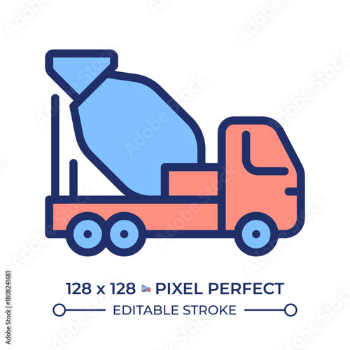 Concrete mixer truck pixel perfect line color icon. Heavy machinery, construction logistics. Transportation industry. Isolated vector illustration. Flat colorful symbol design. Editable stroke