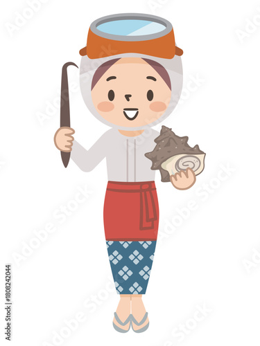 獲れたてのサザエを持った海女（あま）さんのシンプルなベクターイラスト