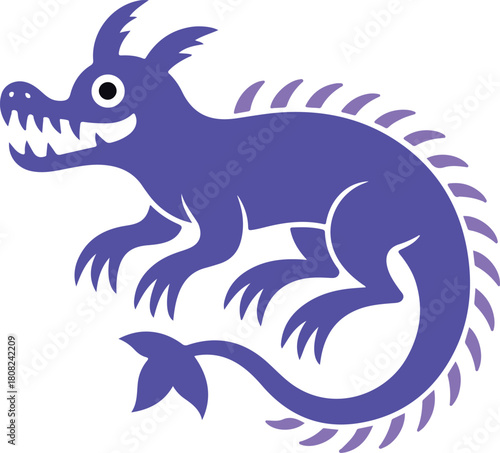 Purple cartoon mythical creature vector illustration with sharp teeth and scaled tail on a plain background