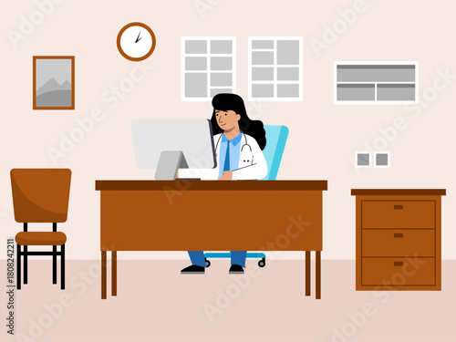 Female doctor working in front of computer in her room. Hospital vector illustration. Flat illustration concept.