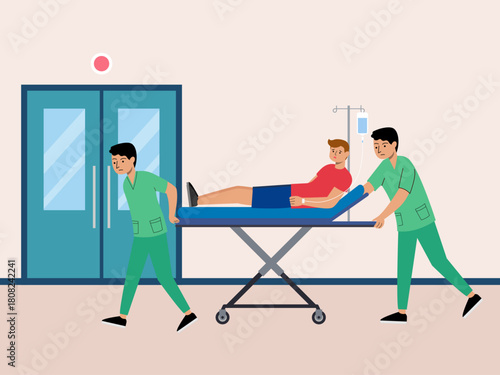 The nurse carried the patient on a stretcher to the emergency room. Hospital vector illustration. Flat illustration concept.