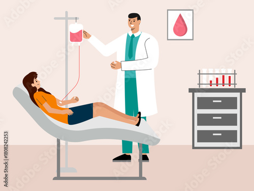 Patient giving blood donation. Hospital vector illustration. Flat illustration concept.