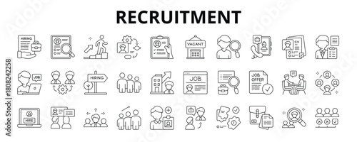30 Recruitment Line Icons Vector - HR Process, Job Hiring, Talent Search, Interview Call, CV Screening, Employee Onboarding, Career Path
