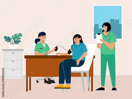 Doctor checking blood pressure to patient. Hospital vector illustration. Flat illustration concept.