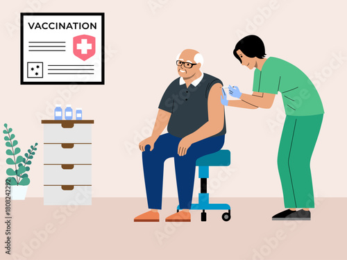 Nurse giving vaccination to old patient. Hospital vector illustration. Flat illustration concept.