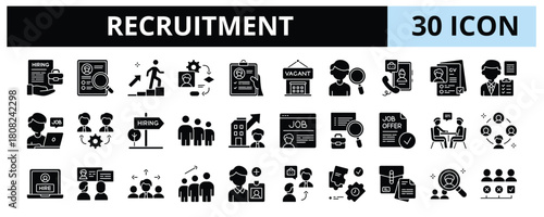30 Recruitment Glyph Icons Vector - HR Process, Job Hiring, Talent Search, Interview Call, CV Screening, Employee Onboarding, Career Path