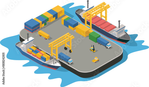 Isometric seaport logistics illustration with cargo ships, shipping containers, trucks and cranes showing modern freight transportation and global import export operations