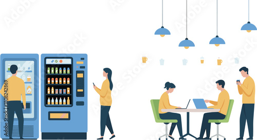 Modern office break room illustration with vending machines, coworkers relaxing, drinking and working on laptops in a comfortable collaborative workspace environment