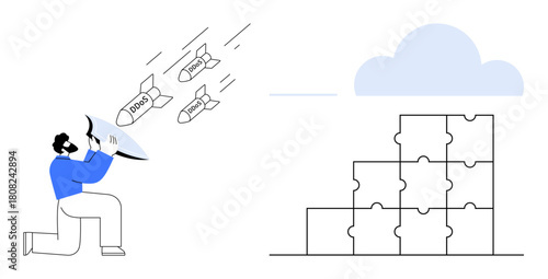 Cybersecurity concept. Cybersecurity defending digital data from online threats by bombs and a shield. Cybersecurity ensuring cloud-based data protection and security. For technology, safety, IT