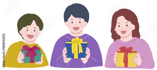ギフトボックスを持っている３人の子供　フラットイラスト　手書き風