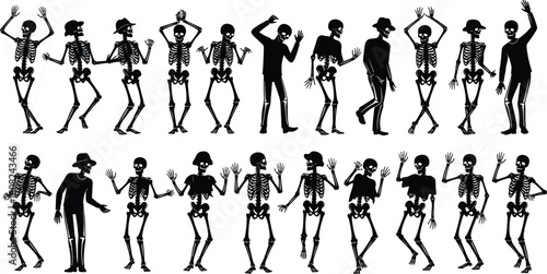 Dancing skeleton and human silhouette vector set, a large, funny collection of spooky figures, men, and bones for Halloween party or Day of the Dead celebration.