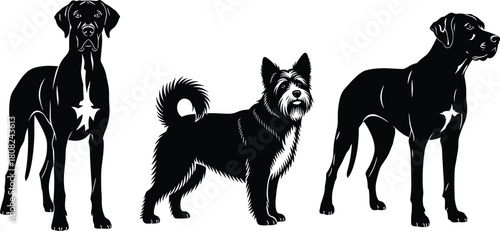 Dog silhouette set, black vector pet collection, standing terrier and pointer breeds, isolated animal icons for veterinary logo design, puppy illustration and canine art.