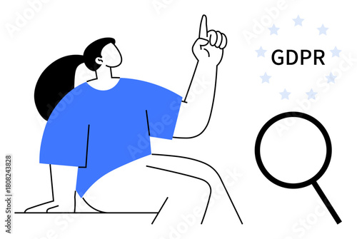 Person pointing upward with GDPR text, surrounded by stars and a magnifying glass. Ideal for data privacy, regulations, online security, compliance, law awareness, cyber protection, simple flat