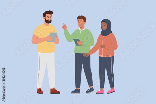 Group of Diverse Young People Discussing and Collaborating with Digital Tablets – Flat Vector Illustration