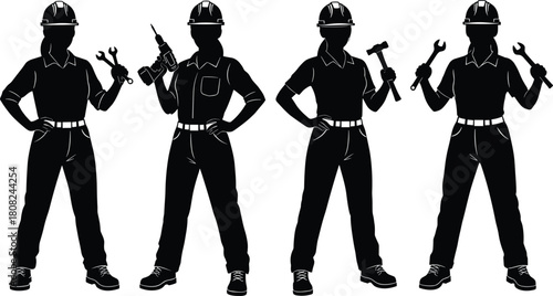 Female worker silhouette set, woman in hard hat holding tools, handywoman with drill and hammer, construction builder vector icon collection, isolated on white.