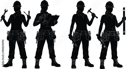 Female worker silhouette set, woman in hard hat with tool belt, holding hammer, drill, wrench, level, clipboard, capable handywoman, industrial labor, isolated vector collection.