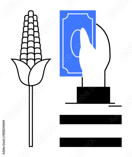 Corn plant next to a hand holding cash, representing agricultural trade, food industry, investment. Ideal for economy, trade, sustainability, agribusiness, ethics eco-finance simple flat metaphor